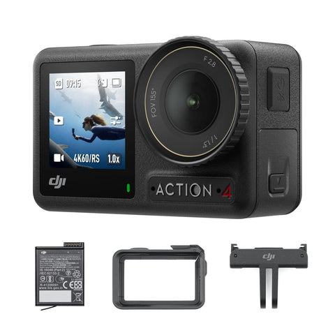 DJI Action Camera, Osmo Action 4, Essential Combo, 4K/120 fps, Waterproof Action Camera, 1/1.3" Sensor, Amazing Low Light Performance, 10-bit & D-Log M, Color Performance, 1770 mAh Battery for Long
