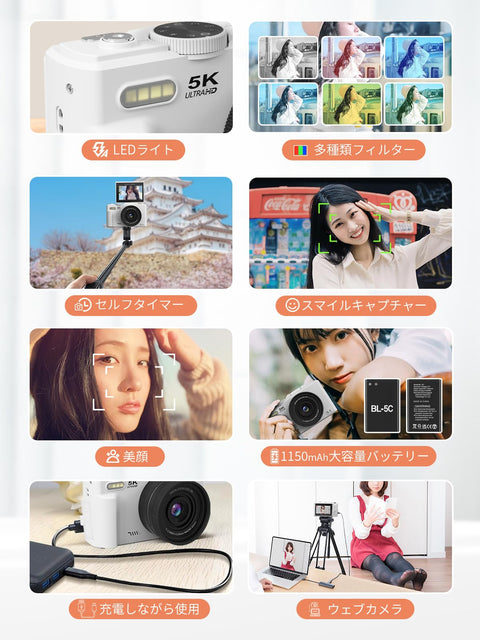 AiMike 5K Digital Camera for Smartphones, Digital Camera, WiFi Transmission Function, 75 Million Pixels, 180 Degree Rotation Display, 64 GB Micro SD Card Included, 18x Digital Zoom, Auto Focus