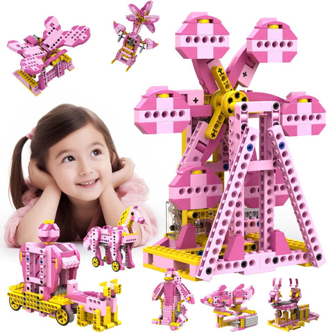 Apitor Robot G 8-in-1 「ピンクの遊園地シリーズ」ブロックセット - お姫様向けの組み立て ロボット おもちゃ、分類トレイ付きの知育玩具 クリスマスプレゼントや誕生日ギフ 子供の日 プレゼント 小学生 女の子 6歳以上（日本語の組立手順図含む）