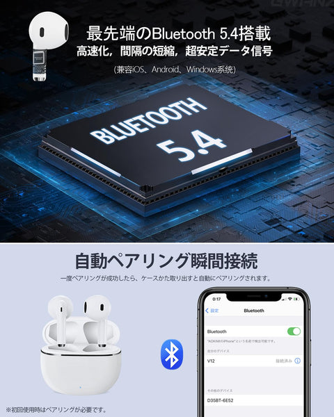 【2025年アップグレード版】AOKIMI ワイヤレスイヤホン bluetooth イヤホン V12 小型軽量 ブルートゥースHi-Fi 最大36時間再生 ぶるーとゅーす コードレス ENCノイズキャンセリング 自動ペアリング Type-C充電 マイク付き 防水 タッチ式音量調整 スポーツ/通勤/通学/WEB会議(ホワイト)