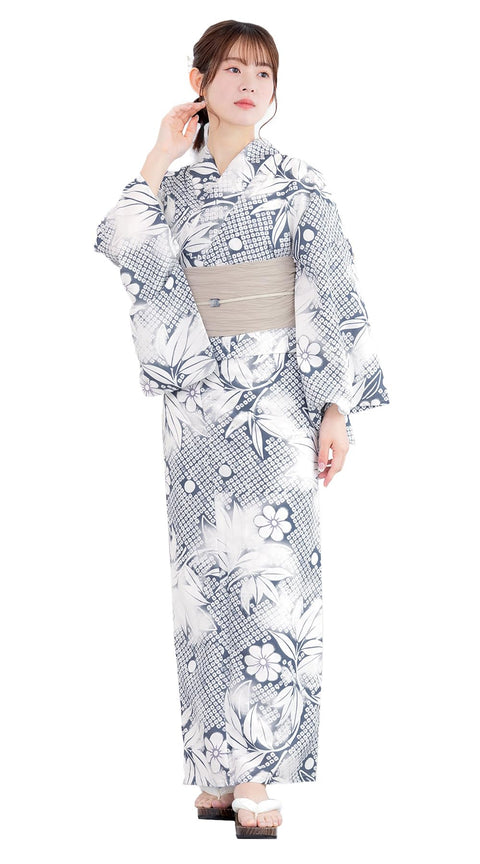 Soubien Floro Women's Yukata Set of 4, Separate, New Two-Part Yukata (Yukata, Waistband, Date Tightening, Geta Clogs)
