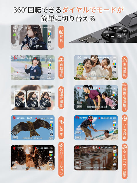 AiMike 5K デジカメ スマホに送れる デジタルカメラ WIFI転送機能 7500万画素 180度回転可ディスプレイ 64GBマイクロSDカード付き 18倍デジタルズーム オートフォーカス機能 ウェブカメラ 19種類フィルター 自撮り便利 3インチ大画面 バッテリー2枚 コンパクト 子供や初心者向け 子供の日 クリスマスプレゼント ホワイト