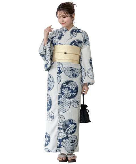 Soubien Floro Women's Yukata Set of 4 Pieces, Separate, New Two-Part Yukata (Yukata, Half-width Obi, Date Tightening, Geta Clogs)