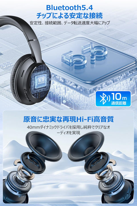 【Amazon.co.jp限定】 業界初Bluetooth5.4 ヘッドホン bluetooth ワイヤレスヘッドホン ANCノイズキャンセリング 有線 無線 両用 最大35時間再生 マイク内蔵 ハンズフリー通話 マルチポイント対応 快適装着 軽量 オーバーイヤーヘッドホン 音漏れ防止 3種EQモード 折り畳み可能 SBC/AAC対応 3.5mmケーブル付き ブラック
