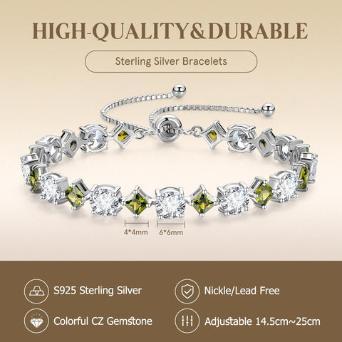 Fancime Women's Bracelet, 12 Months Birthstone, "Lumine", Tennis Bolo Bracelet, Diamond-Cut, Gem Silver, Slide-Type, Adjustable Bracelet, Charm, Christmas, Birthday, Anniversary, Present, Gift