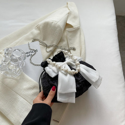 Lamerry Drawstring Bag, Yukata, Drawstring Bag, Shoulder Bag, 2-Way, Pearl, Ribbon, Kimono, Kimono, Shoulder, Yukata Bag, Women's, Black, White