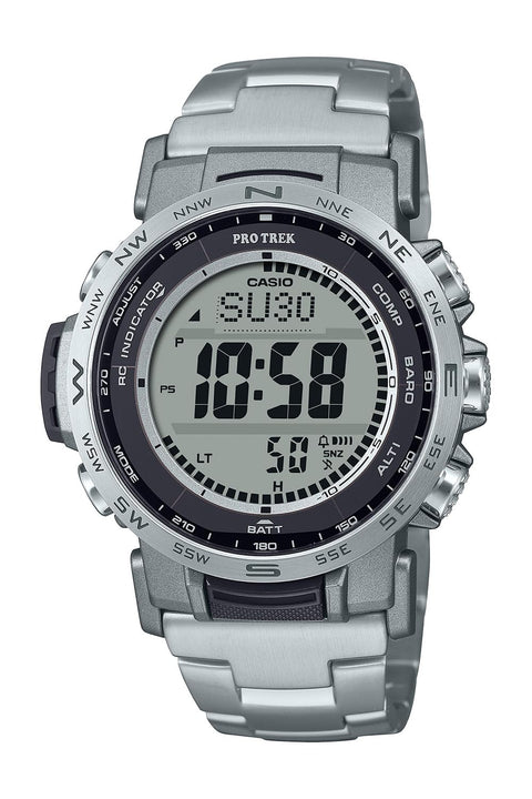 Casio Pro Trek Climber Line Wristwatch, Radio Solar, Biomass Plastic, Silver / Titanium Band, Bracelet Type