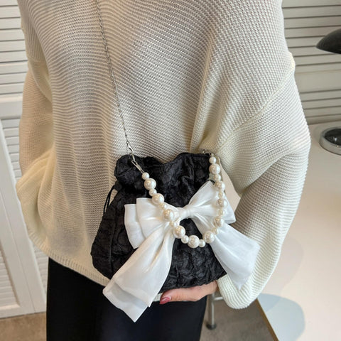 [Lamerry] 腰包 浴衣 抽繩袋 單肩包 2WAY 珍珠 蝴蝶結 和服 和服 和服 肩掛 浴衣包 女士 黑色 白色