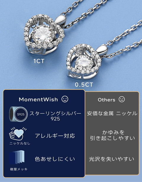 [MomentWish] ダンシングストーン ネックレス レディース 0.5-1 カラット モアサナイト ペンダント シルバーネックレス人気ブランド チェーン 誕生日 記念日 プレゼント（長40cm＋アジャスター5cm） 華奢ギフトボックス付け