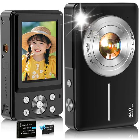 디지털 카메라, 디지털 카메라, Nsoela, 32GB, 백업 배터리 (카드 포함), 16배 디지털 줌, FHD 1080P 녹화, 어린이, 학생 및 초보자를 위한 44MP 픽셀 컴팩트 브이로그 카메라, 소형 및 경량