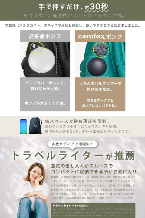 【るるぶ掲載ｘ押すと膨らむポンプ式】 comfox 腰痛 クッション 携帯 腰枕 エアークッション 空気式 ポンプ式 トラベル 背もたれ 飛行機 夜行バス 夜行バス オフィス 旅行 便利グッズ 男女兼用 軽量 コンパクト 収納袋付き (ピンク)