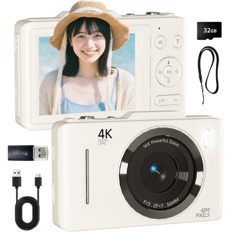 數位相機 4K 4800萬像素 帶記憶卡【附帶32GB SD卡&掛繩|兒童的緊湊設計】專業級畫質的4K視頻&48MP照片拍攝|初學者也可放心使用的自動模式手掌大小輕量級機身(適合學生/10歲)|安全設計的兒童禮物 (銀/白色)