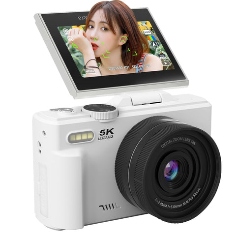 AiMike 5K Digital Camera for Smartphones, Digital Camera, WiFi Transmission Function, 75 Million Pixels, 180 Degree Rotation Display, 64 GB Micro SD Card Included, 18x Digital Zoom, Auto Focus