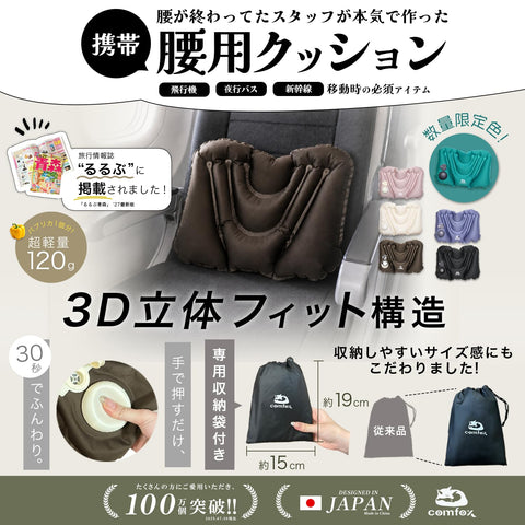 【るるぶ掲載ｘ押すと膨らむポンプ式】 comfox 腰痛 クッション 携帯 腰枕 エアークッション 空気式 ポンプ式 トラベル 背もたれ 飛行機 夜行バス 夜行バス オフィス 旅行 便利グッズ 男女兼用 軽量 コンパクト 収納袋付き