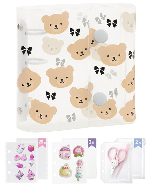 Gokei Sealing Notebook, Plastan, Mini Binder, Transparent, A8 Size, Binder Main Unit, 20 Refills, 2 Zippered Pockets, 2 Underlayment, PP Sheet, Card Pocket, Girls, Bear - Beige