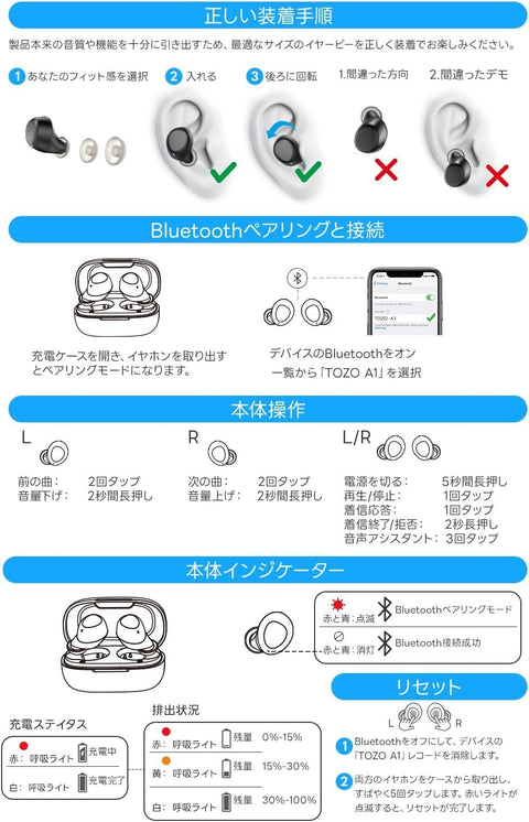 TOZO A1 2024 全新升级 无线耳机、Bluetooth 5.3的耳麦 轻量、支持APP EQ设定、立体声耳机 长时间播放 附带充电盒 防水、蓝色
