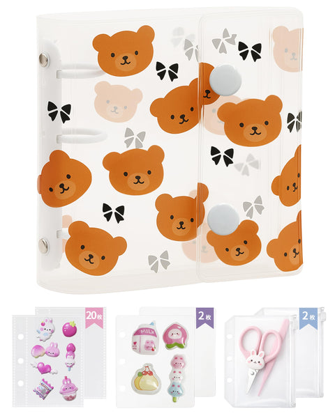 Gokei Sealing Notebook, Plastan, Mini Binder, Transparent, A8 Size, Binder Main Unit, 20 Refills, 2 Zippered Pockets, 2 Underlayment, PP Sheet, Card Pocket, Girls, Bear - Brown
