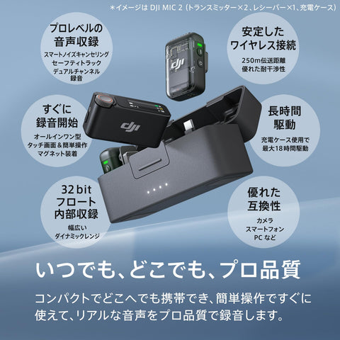 DJI Mic 2（トランスミッター×1 + レシーバー×1） ワイヤレスマイク スマートノイズキャンセリング付き 32bitフロート内部収録 高品質音声 伝送距離250m iPhoneマイク カメラ対応 アンドロイド用マイク