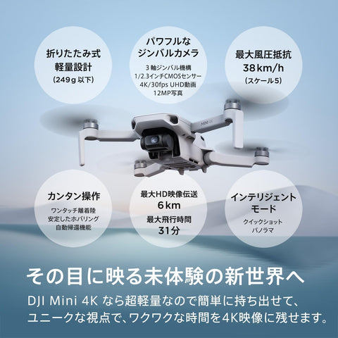 Mini 4K 相机无人机组合、搭载4K UHD摄像头的无人机(成人用)、249克以下、3轴万向影像抖动补偿、10公里视频传输、自动返回、2电池最长飞行时间62分钟、快速拍摄