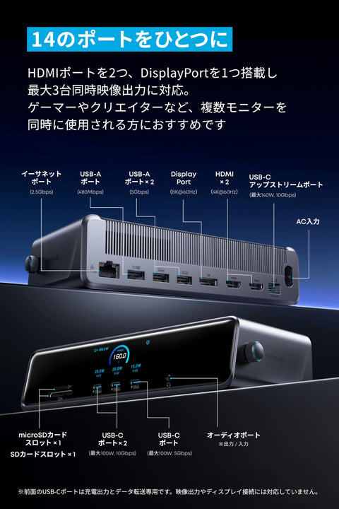 Anker Prime Docking Station (14-in-1, Triple Display, DisplayLink) Supports up to 8K USB PD Max 140W Output USB-C Upstream Port 3 Display Output Simultaneously 10Gbps High-Speed Data Transfer GaN