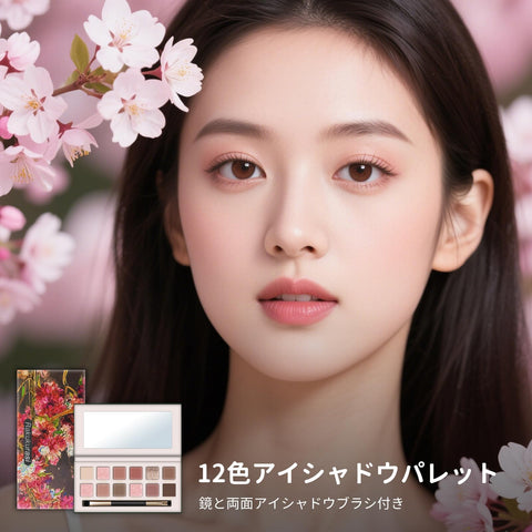 【12色アイシャドウパレット】春の女神コレクション 高発色 ピンク×ベージュ マット＆パール 防水防汗/高密着 両用ブラシ&ミラー付き（持ち運び便利）チーク&ハイライト多機能コスメ 初心者向け 韓国風涙袋メイク対応 日常/舞台用 誕生日プレゼント女性 人気