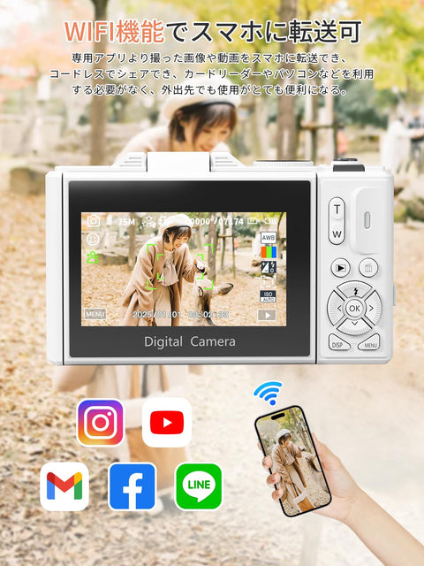 AiMike 5K デジカメ スマホに送れる デジタルカメラ WIFI転送機能 7500万画素 180度回転可ディスプレイ 64GBマイクロSDカード付き 18倍デジタルズーム オートフォーカス機能 ウェブカメラ 19種類フィルター 自撮り便利 3インチ大画面 バッテリー2枚 コンパクト 子供や初心者向け 子供の日 クリスマスプレゼント ホワイト