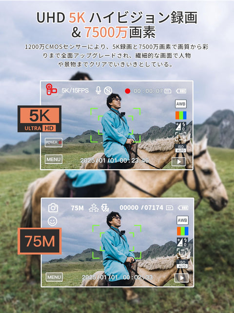 AiMike 5K デジカメ スマホに送れる デジタルカメラ WIFI転送機能 7500万画素 180度回転可ディスプレイ 64GBマイクロSDカード付き 18倍デジタルズーム オートフォーカス機能 ウェブカメラ 19種類フィルター 自撮り便利 3インチ大画面 バッテリー2枚 コンパクト 子供や初心者向け 子供の日 クリスマスプレゼント ホワイト