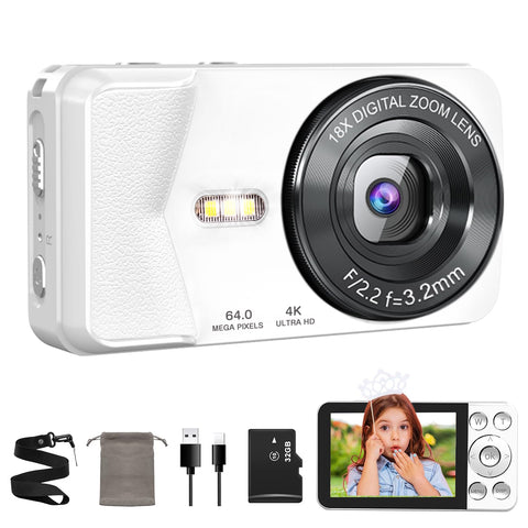 QZTCAMERA 數位相機 4K 數位相機 6400萬畫素 時間加錄影功能 2.8吋大螢幕 自動對焦 18倍數位變焦 自拍計時器 循環錄影 LED燈 USB充電式 小巧 網路攝影機功能 輕量 修法旅行/兒童相機/入學儀式 附贈日腳架使用白色 592324 字 3926000,000 白色。