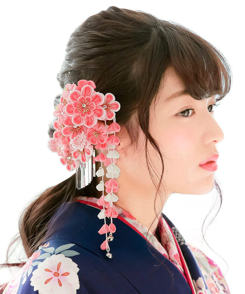Soubien kaz5534sn-3371 Hair Ornament, Coming-of-Age Ceremony, Graduation Ceremony, 2-Piece Set, Yellow, Plum Blossoms, Wisteria Shade, Pique Rim, Curly Crepe, Knob-crafting, Wedding Kimono