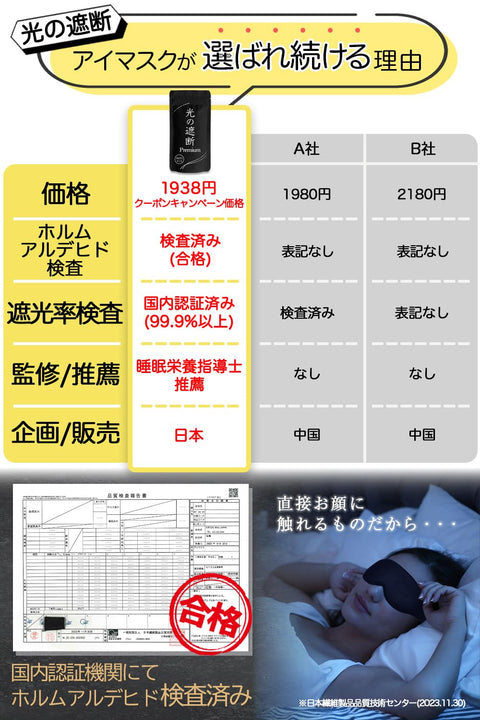 aimeve 睡眠眼罩 安眠 快眠 【光的遮斷 premium】 遮光率99.99％ (睡眠營養指導士推薦) 3D 立體 輕量 遮眼 (黑色)