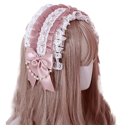 morytrade Women's Headband Head Dress Hair Ornament, Cosplay Ribbon, Gothic Lolita, Lace (Azuki Color)