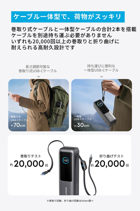 Anker Power Bank (25000mAh, Built-In & Retractable USB-C Cable) [PD Compatible/PSE Technical Standards Compliant/USB-C Input Compatible / 165W Output, MacBook PD Compatible, Windows PC, iPad Pro
