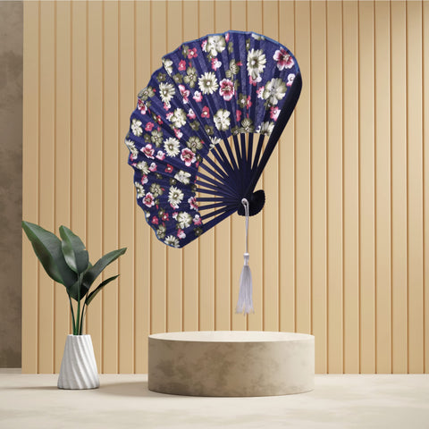 Esendo Women's Floral Fan, Shell Type, 100% Cotton, Fabric, Heat Stroke Protection, Bamboo Bones, Kimono, Yukata