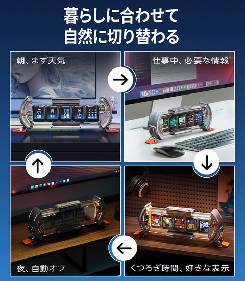 Divoom Times Gate 5Wayデジクロック スチームパンク風 PCデスクを彩る 近未来 ガジェット RGBライト【5スクリーン自由DIY：時計/天気予報/ピクセル作品/写真/SNSファンの数/カレンダー など対応】専用アプリ WiFi接続 ゲーマーのプレゼント（チタンシルバー）