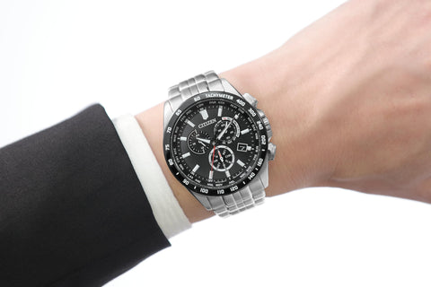 Citizen CB5874-90E Men's Wristwatch, Eco-Drive, Radio Watch, Direct Flight Chronograph, Dial color - black, Watch Solar Powered World Time Perpetual Calendar
