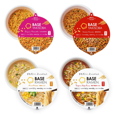 Basefood Yakisoba & Ramen, Set of 4 Types of 8 (Tomyam, Spicy, Chicken Gara Soy Sauce, Miso), Cup Noodles, Protein, Complete Nutrition, Diet Replacement, Diet Food, Fibers, Base Ramen, Trial Set