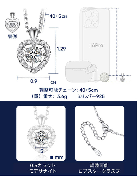 MomentWish Women's Moissanite Necklace, Dancing Stone, Pendant, Silver Necklace, Popular Brand, Chain, Birthday, Anniversary, Gift (Length 15.7 inches (40 cm) + Adjuster 2.0 inches (5 cm), Comes with