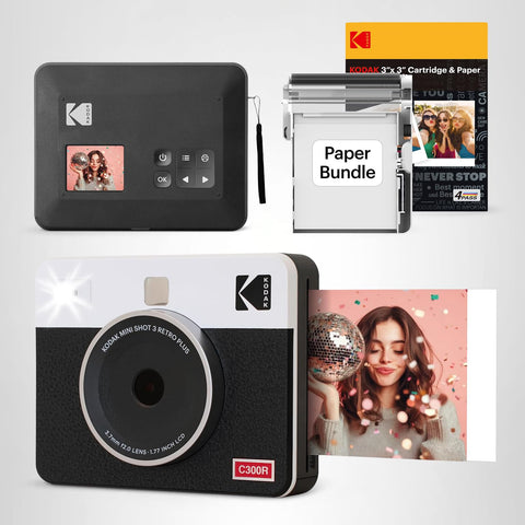 Kodak Kodak Mini Shot 3 Retro 4PASS 2-in-1 Instant Camera & Photo Printer, 3 x 3 in (7.6 x 7.6 cm) + 8 Cameras + 60 Sheets Bundle, White