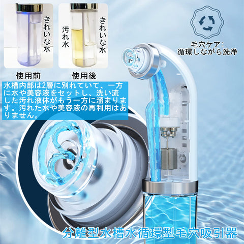 【令與6年新版】毛孔吸引器 【水槽分離毛孔清潔型】 真空吸力技術 水流式 支援美容液美顏器 清潔器 6種吸頭 【矽膠頭&硬頭】 3檔吸力 USB充電式 LED顯示器 男女通用 日語使用說明書(白色)