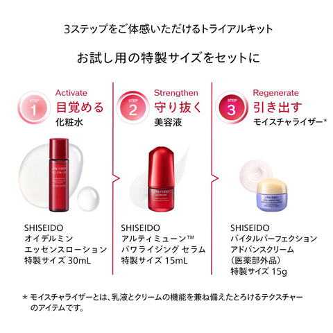 SHISEIDO Ultimune 試用套裝 | 美容液15mL + 化妝液30mL + 乳霜15g | EC限定護膚套裝 | 試用 ・ 旅行用 | 精華液 緊緻 乾燥 保濕 | 資生堂