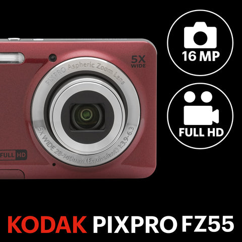 KODAK PIXPRO Easy to Use Zoom FZ55-RD 16MP Digital Camera, 5x Optical Zoom, Wide Angle, 28mm 2.7-inch LCD Screen (Red)
