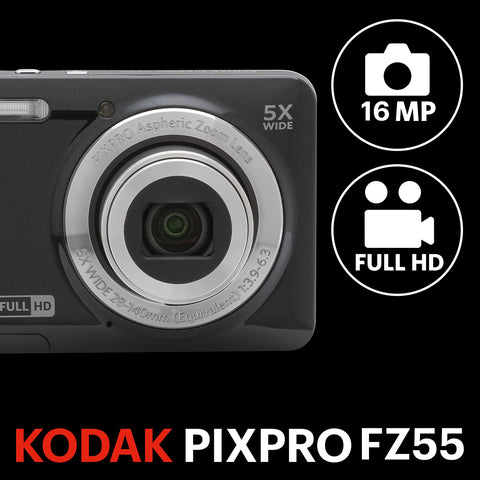 코닥 픽스프로 프렌들리 줌 FZ55-BK 16MP 디지털 카메라 옵티컬 줌 5x 28mm 와이드 앵글 2.7" LCD 스크린 (블랙)