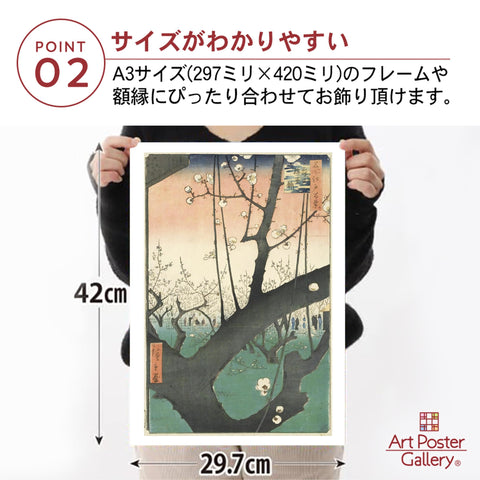 歌川広重 (名所江戸百景 亀戸梅屋舗) ポスター A3サイズ (日本製) 日本画 インテリア 壁紙用 絵画 アート アートポスター