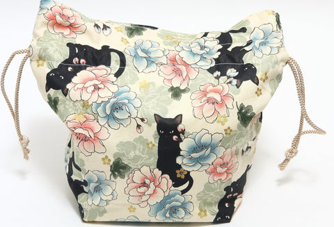 Hasegawa Cat Pattern with Handle, Drawstring Bag, Made in Japan