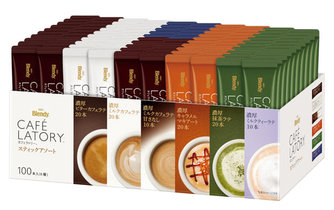 AGF Blendy Cafe Ratory Sticks, Assortment, 100 Pieces, Assorted Coffee, Bitter Cafe Latte, Milk Cafe Latte, Caramel Macchiato, Matcha Latte, 20 Each Milk Latte, Milk Latte, No Sweetness, Royal Milk Tea