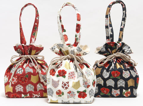Hasegawa Cat Pattern with Handle, Drawstring Bag, Made in Japan