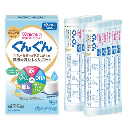 Wakodo Follow Up Milk, 9 Months, Stick Type, Supports Iron, Calcium, 0.5 oz (14 g) x 10 Bottles