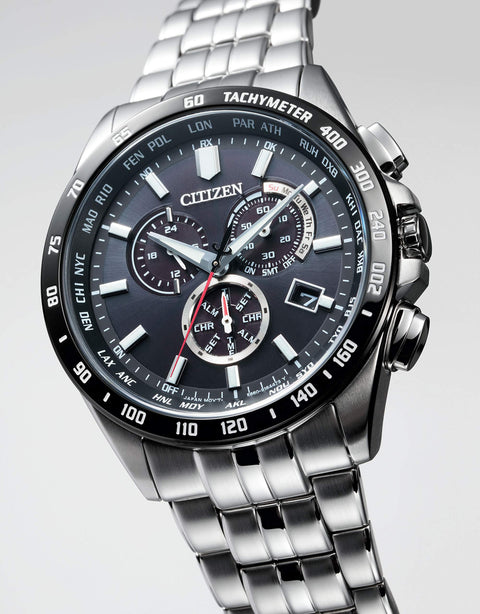 Citizen CB5874-90E Men's Wristwatch, Eco-Drive, Radio Watch, Direct Flight Chronograph, Dial color - black, Watch Solar Powered World Time Perpetual Calendar