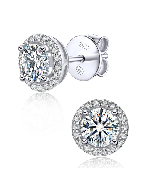 MomentWish Moissanite Earrings, 1-2 Carat, Halo Earrings, Ladies, Allergy Friendly Earrings, Diamonds, Accessories, D Color, VVS1, Present, Women, 5/6.5mm, Sterling Silver, Zircon