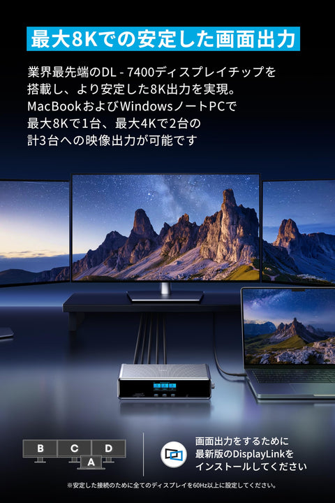 Anker Prime 對接擴充座 (14-in-1, 三顯示器, DisplayLink) 最大支援8K USB PD 最大140W輸出USB-C上游埠 同時輸出3螢幕 10Gbps高速資料傳輸 配備GaN AC轉接器內建 冷卻系統 支援DisplayLink下載